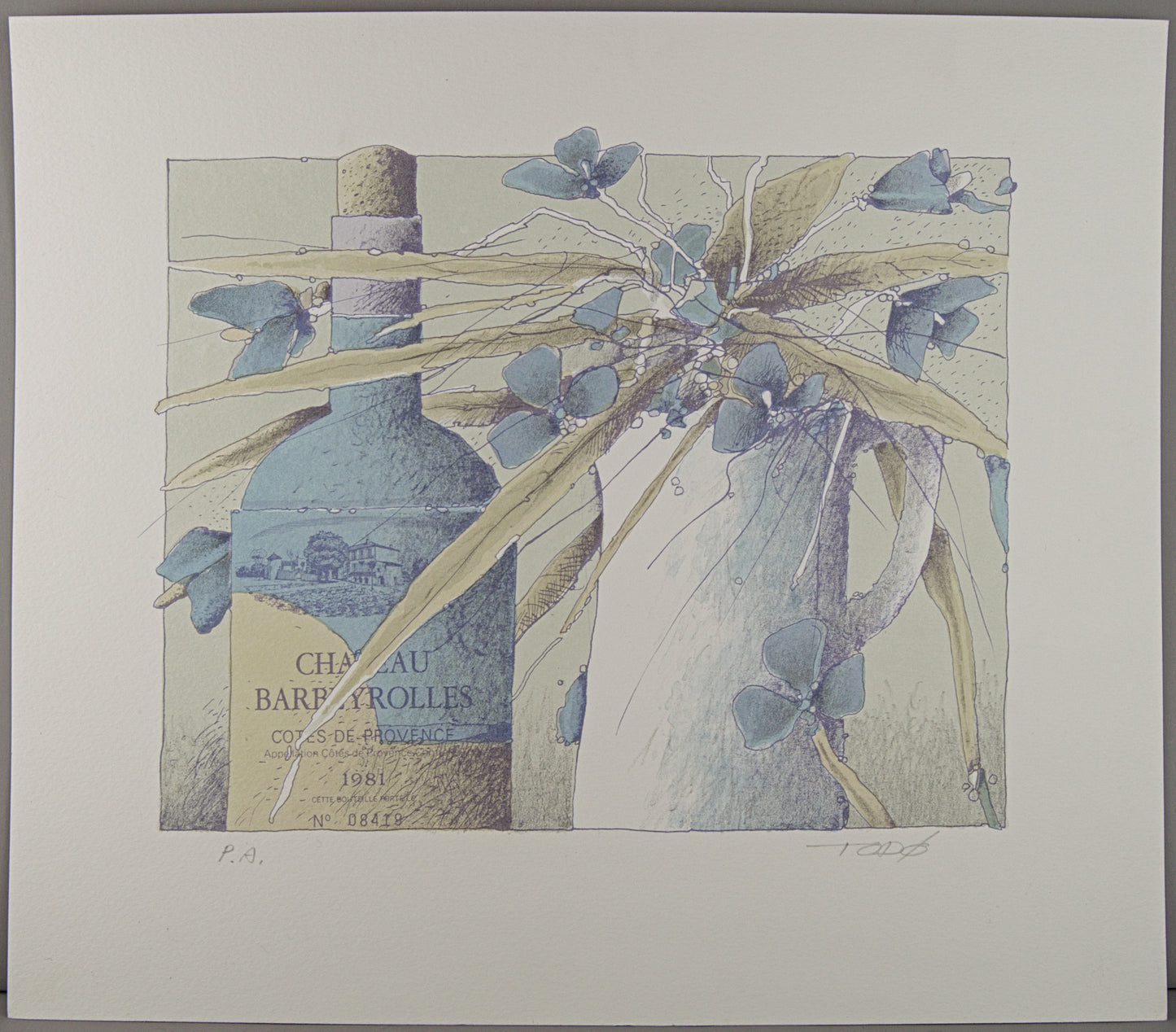 FRANCESC TODÓ | BODEGÓN CON BOTELLA Y JARRÓN (CHÂTEAU BARBEYROLLES) | SÍNTESIS GEOMÉTRICA | CONJUNTO DE PROCESO LITOGRÁFICO (3 PIEZAS)