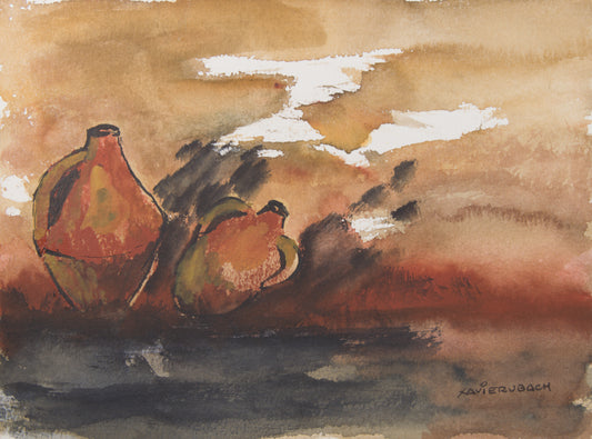 XAVIER UBACH | BODEGÓN CON DOS JARRONES | ACUARELA ORIGINAL | ESCUELA CATALANA