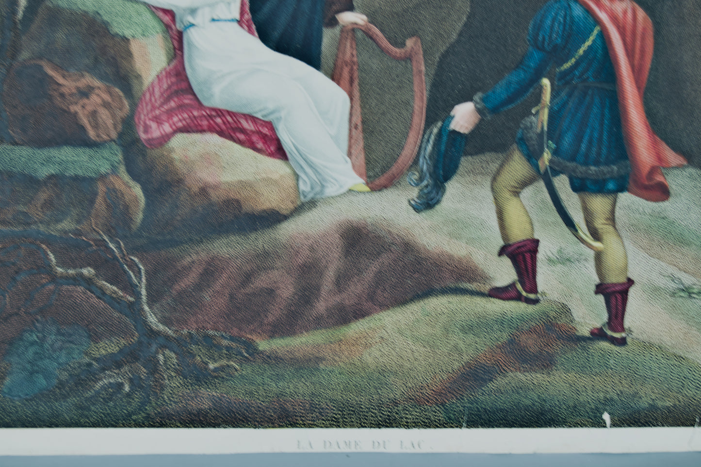 Grabado Original S. XIX | La Dama del Lago (Sir Walter Scott) | Coloreado a Mano
