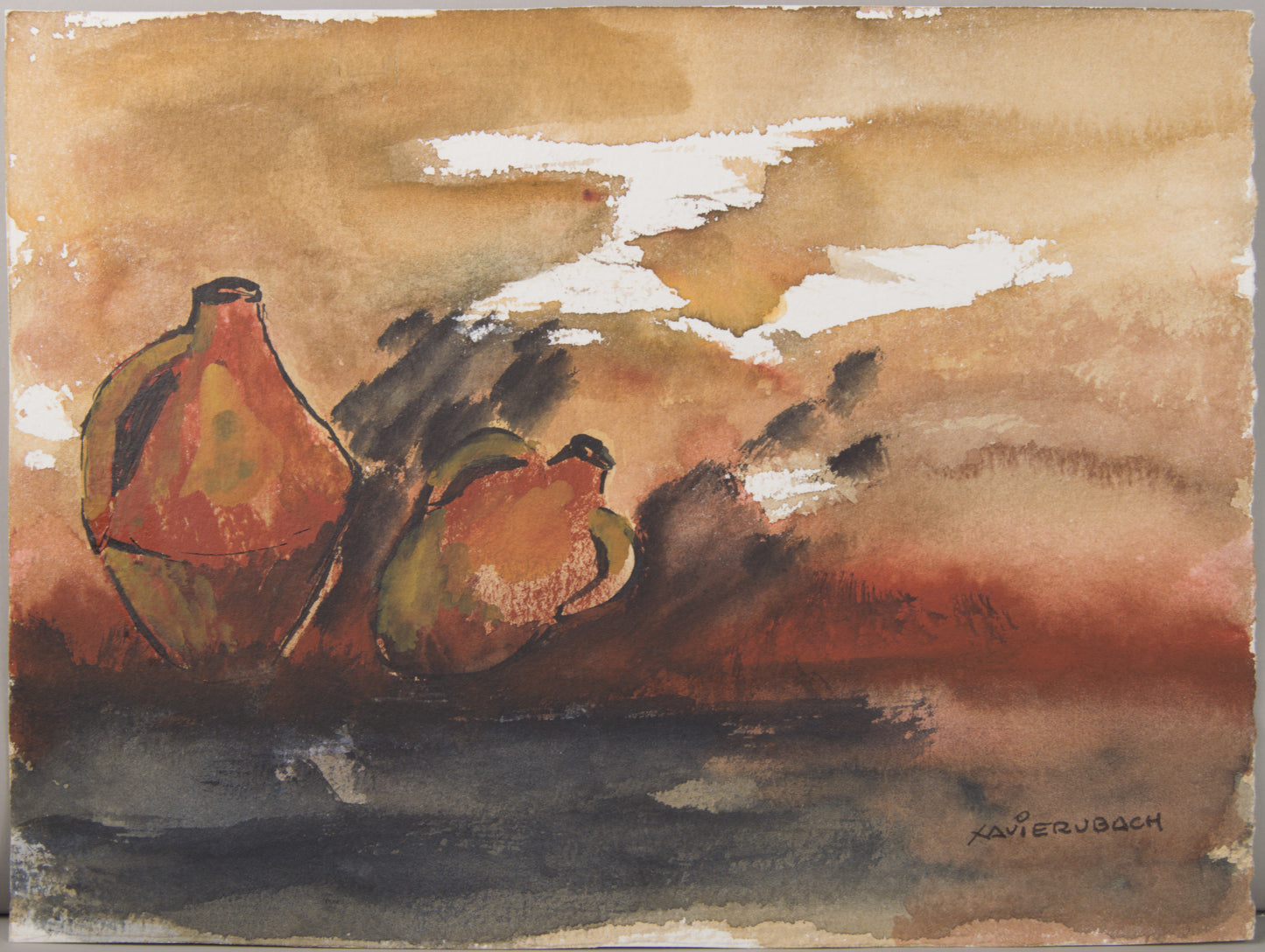 XAVIER UBACH | BODEGÓN CON DOS JARRONES | ACUARELA ORIGINAL | ESCUELA CATALANA