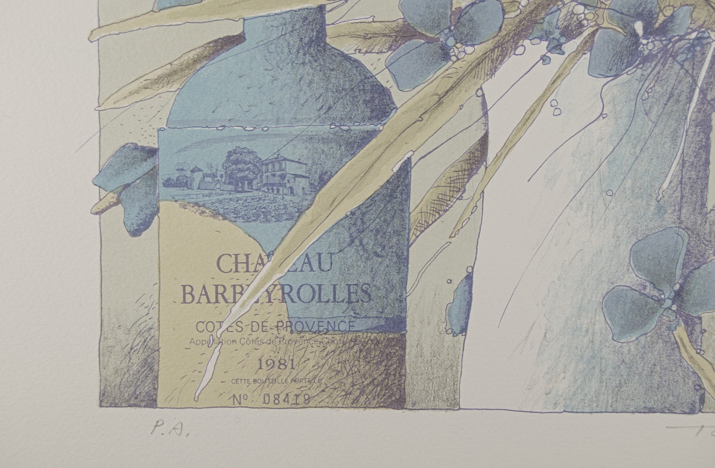 FRANCESC TODÓ | BODEGÓN CON BOTELLA Y JARRÓN (CHÂTEAU BARBEYROLLES) | SÍNTESIS GEOMÉTRICA | CONJUNTO DE PROCESO LITOGRÁFICO (3 PIEZAS)
