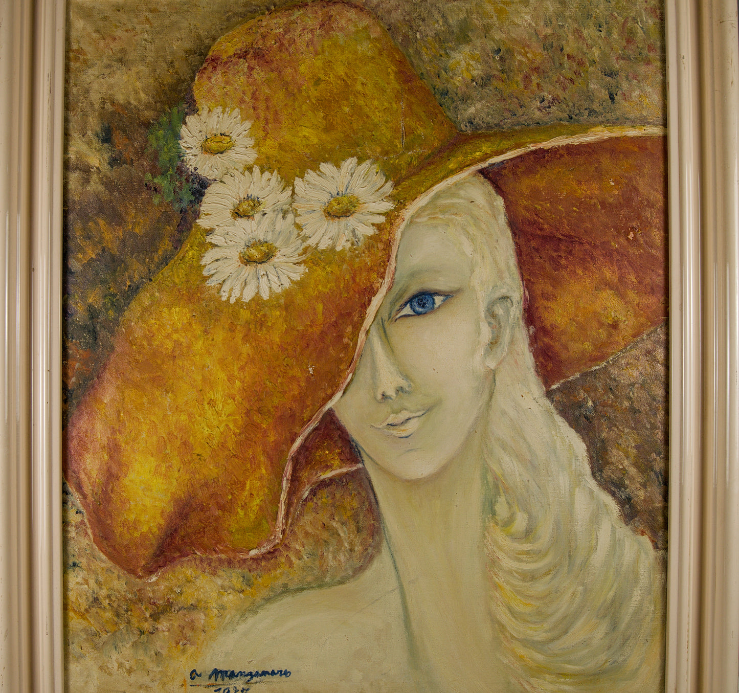 Ángeles Manzanaro | Retrato femenino con sombrero | Óleo sobre lienzo | 1987