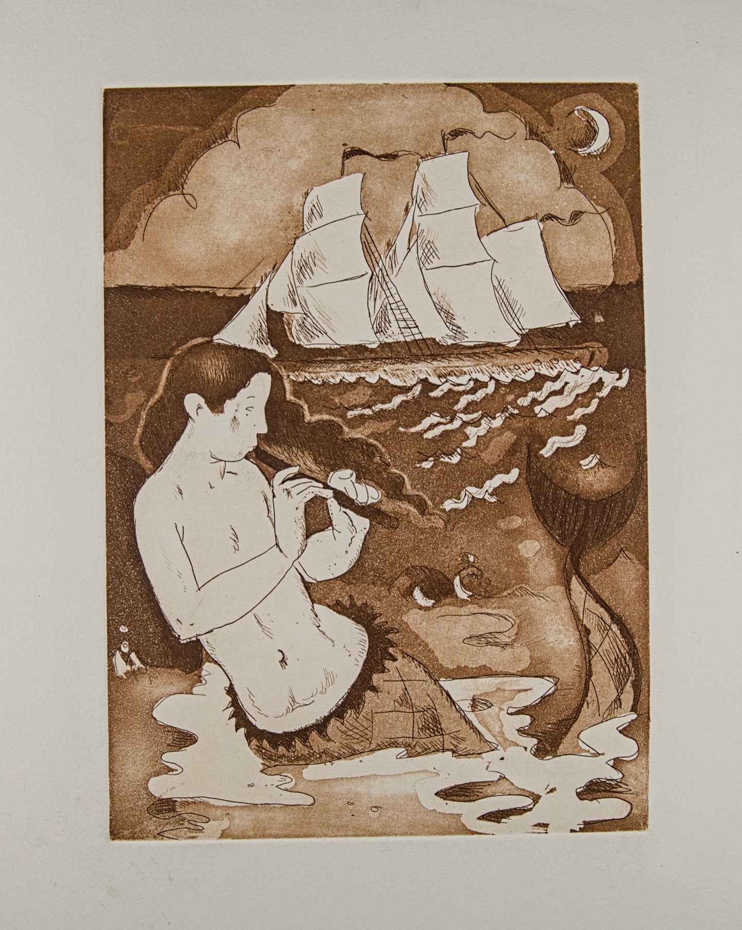 J. CARBONELL | LA SIRENA Y EL VELERO (MITOLOGÍA) | PRUEBA DE ESTADO | AGUAFUERTE EN SEPIA