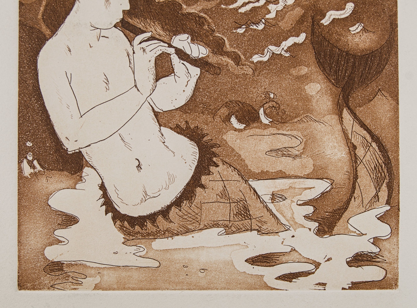 J. CARBONELL | LA SIRENA Y EL VELERO (MITOLOGÍA) | PRUEBA DE ESTADO | AGUAFUERTE EN SEPIA