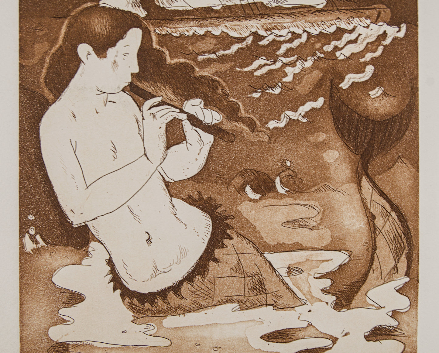 J. CARBONELL | LA SIRENA Y EL VELERO (MITOLOGÍA) | PRUEBA DE ESTADO | AGUAFUERTE EN SEPIA