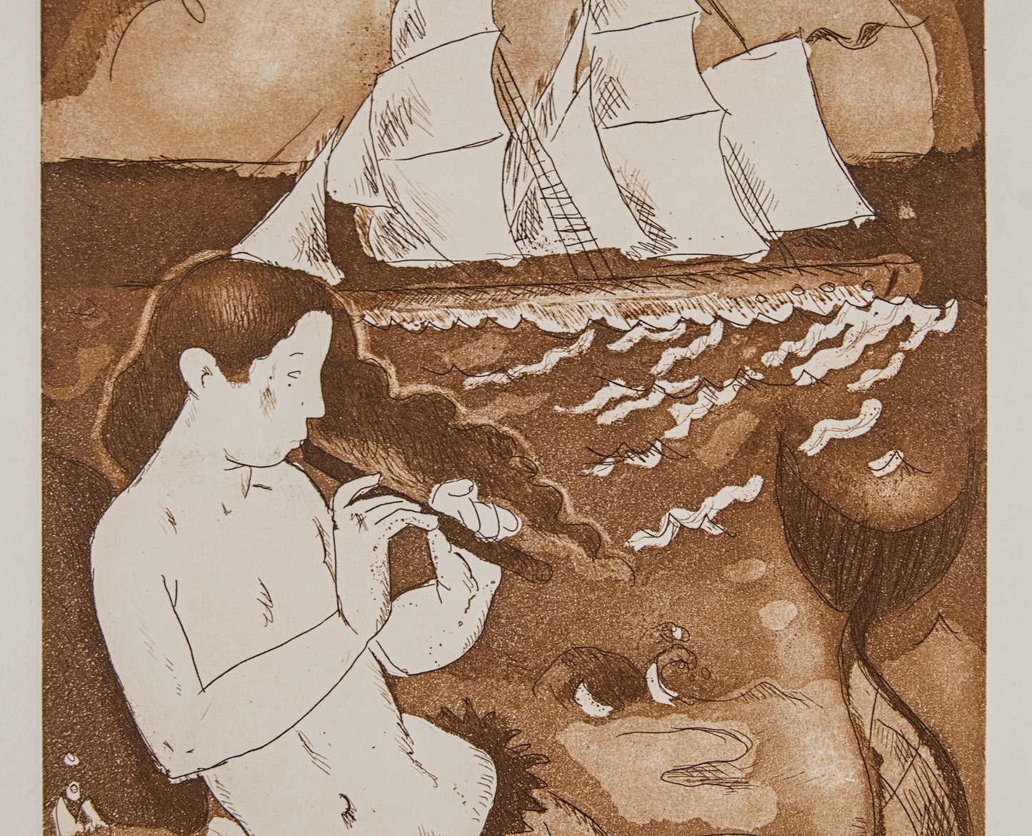 J. CARBONELL | LA SIRENA Y EL VELERO (MITOLOGÍA) | PRUEBA DE ESTADO | AGUAFUERTE EN SEPIA