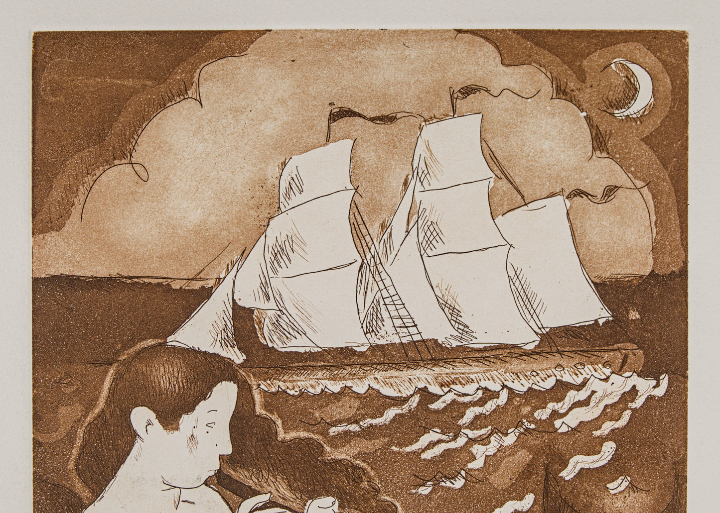 J. CARBONELL | LA SIRENA Y EL VELERO (MITOLOGÍA) | PRUEBA DE ESTADO | AGUAFUERTE EN SEPIA