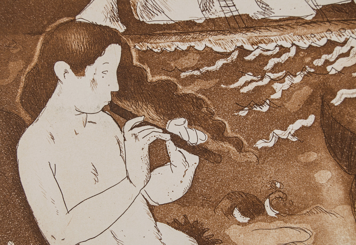 J. CARBONELL | LA SIRENA Y EL VELERO (MITOLOGÍA) | PRUEBA DE ESTADO | AGUAFUERTE EN SEPIA