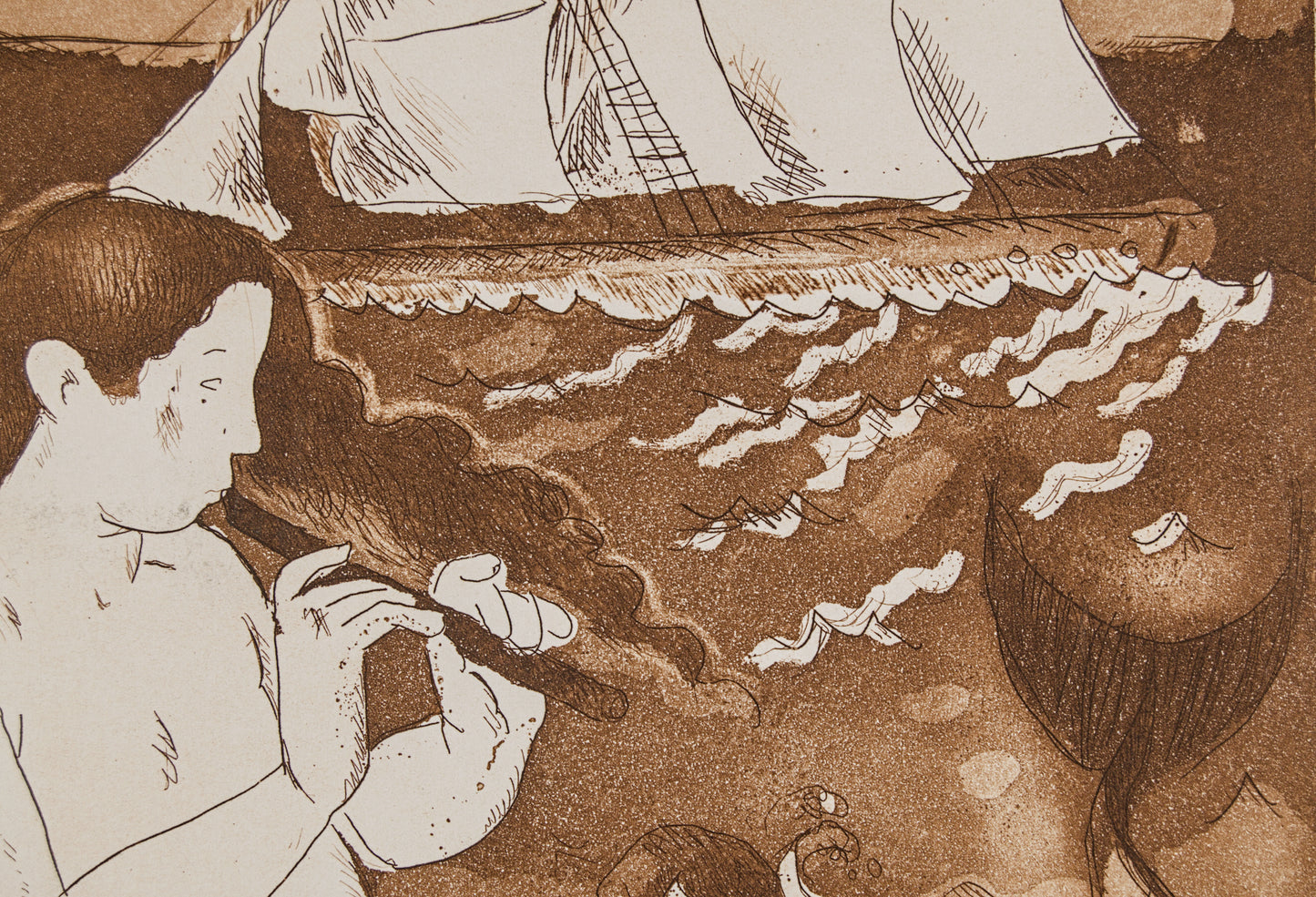 J. CARBONELL | LA SIRENA Y EL VELERO (MITOLOGÍA) | PRUEBA DE ESTADO | AGUAFUERTE EN SEPIA