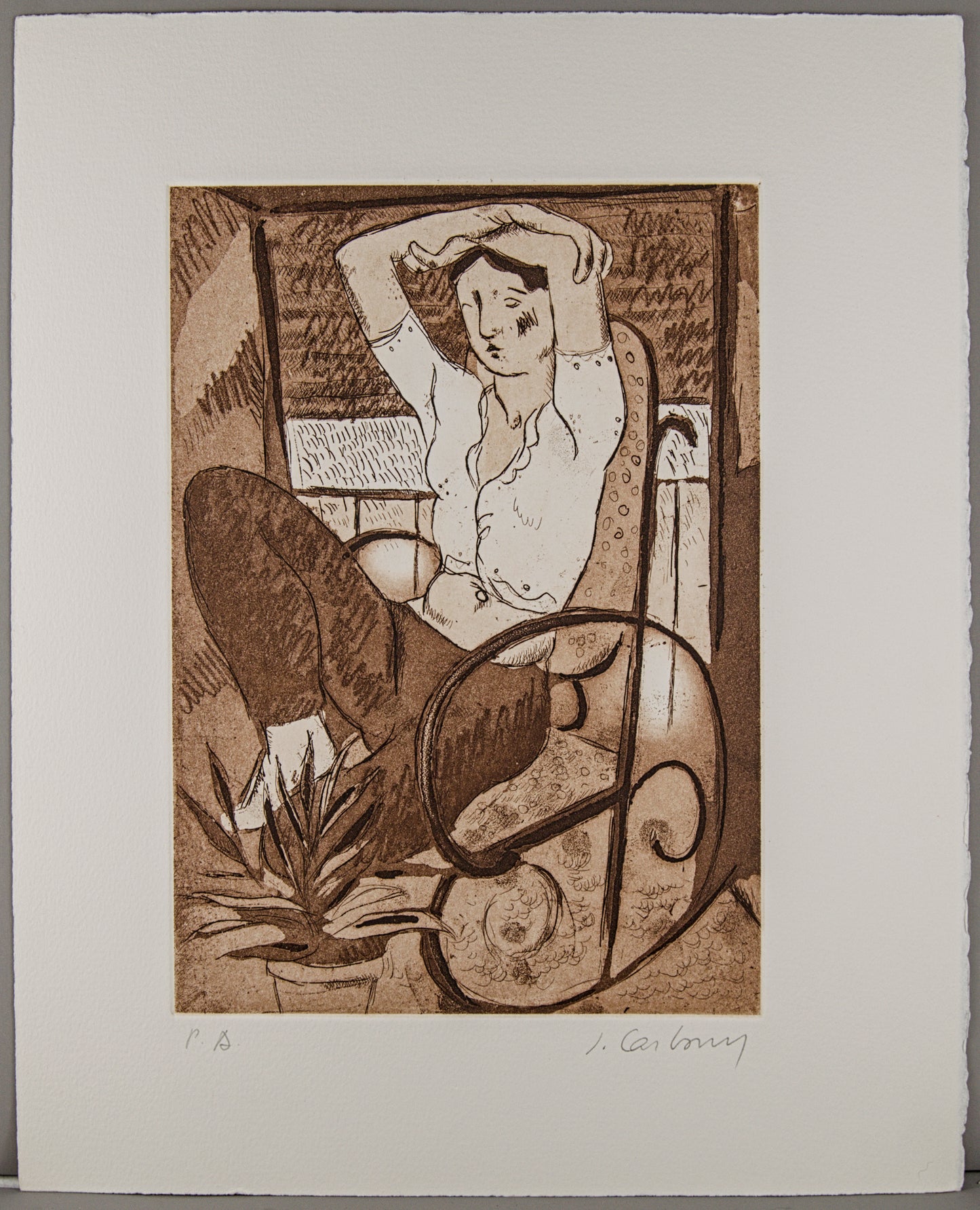 J. CARBONELL | MUJER EN MECEDORA (LA SIESTA) | PRUEBA DE AUTOR (P.A.) | AGUAFUERTE EN SEPIA