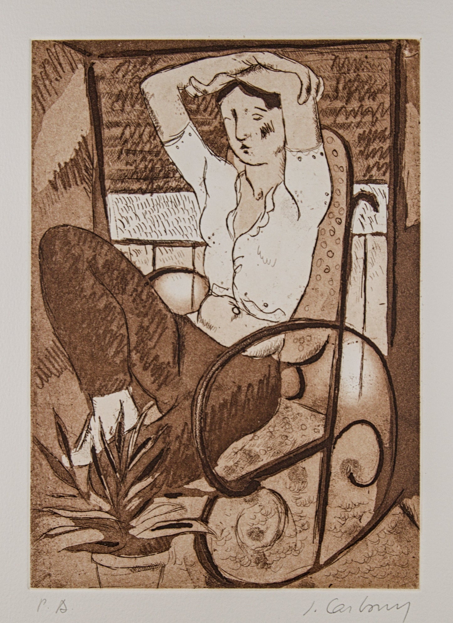 J. CARBONELL | MUJER EN MECEDORA (LA SIESTA) | PRUEBA DE AUTOR (P.A.) | AGUAFUERTE EN SEPIA