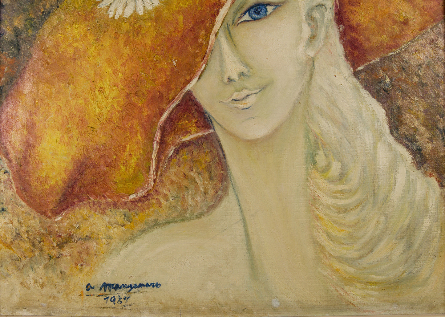 Ángeles Manzanaro | Retrato femenino con sombrero | Óleo sobre lienzo | 1987