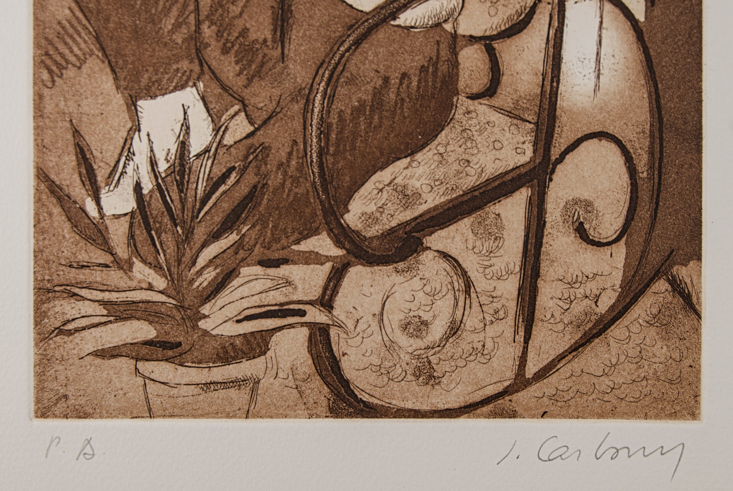 J. CARBONELL | MUJER EN MECEDORA (LA SIESTA) | PRUEBA DE AUTOR (P.A.) | AGUAFUERTE EN SEPIA