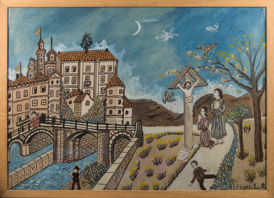 Firma a Interpretar | Paisaje Naíf con Castillo y Calvario | Gouache | 1950