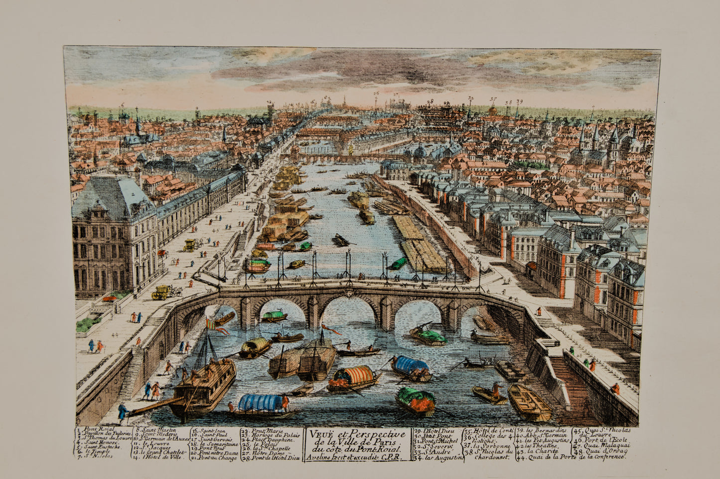 FRANÇOIS ANTOINE AVELINE | VISTA ÓPTICA DE PARÍS DESDE EL PONT ROYAL | GRABADO ORIGINAL S. XVIII | COLOREADO DE ÉPOCA