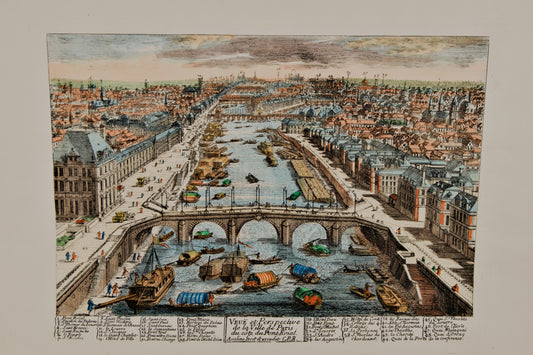 FRANÇOIS ANTOINE AVELINE | VISTA ÓPTICA DE PARÍS DESDE EL PONT ROYAL | GRABADO ORIGINAL S. XVIII | COLOREADO DE ÉPOCA