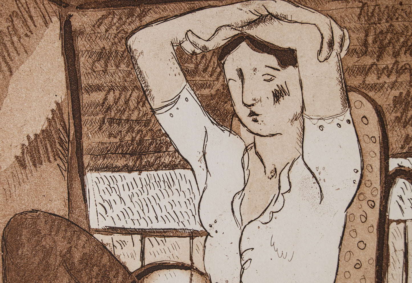 J. CARBONELL | MUJER EN MECEDORA (LA SIESTA) | PRUEBA DE AUTOR (P.A.) | AGUAFUERTE EN SEPIA