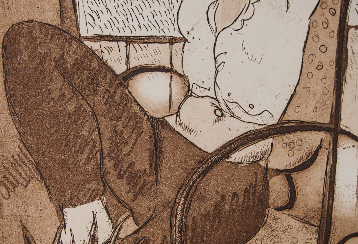 J. CARBONELL | MUJER EN MECEDORA (LA SIESTA) | PRUEBA DE AUTOR (P.A.) | AGUAFUERTE EN SEPIA
