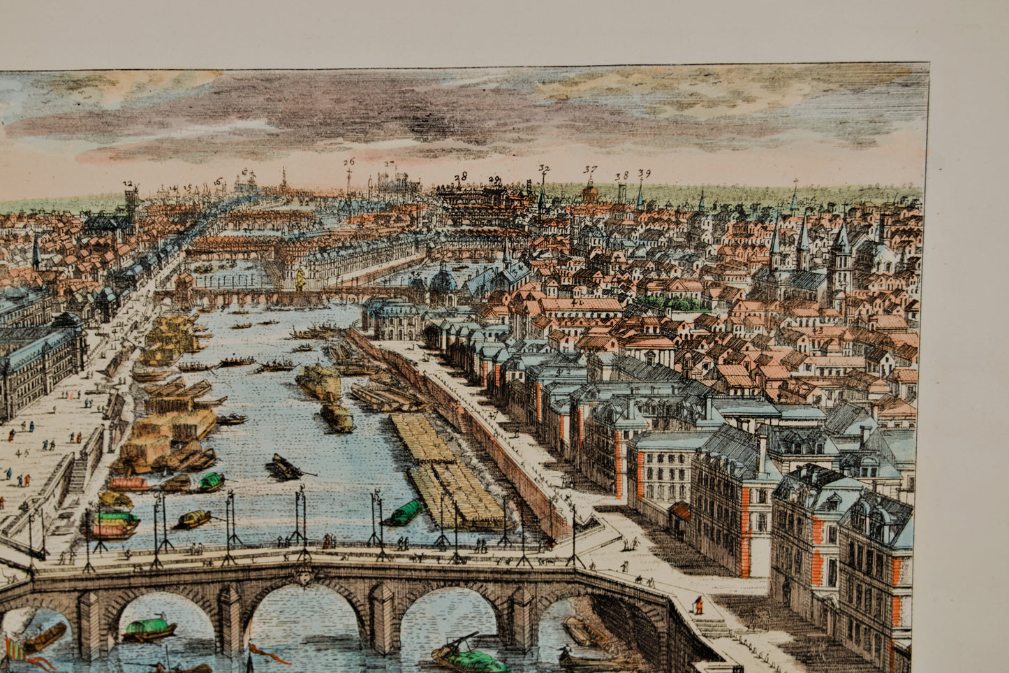 FRANÇOIS ANTOINE AVELINE | VISTA ÓPTICA DE PARÍS DESDE EL PONT ROYAL | GRABADO ORIGINAL S. XVIII | COLOREADO DE ÉPOCA