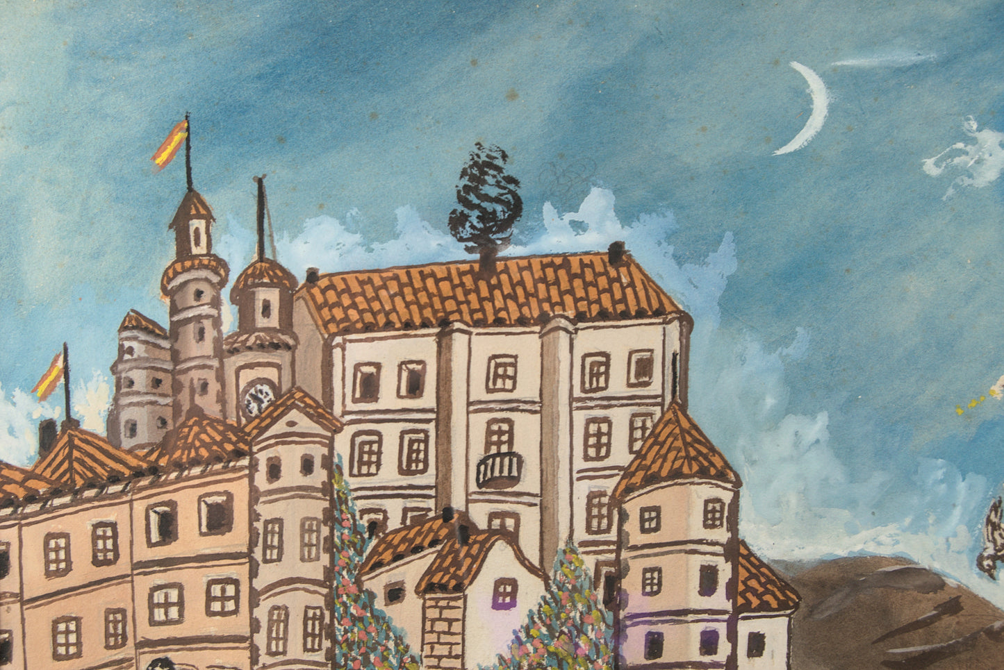 Firma a Interpretar | Paisaje Naíf con Castillo y Calvario | Gouache | 1950