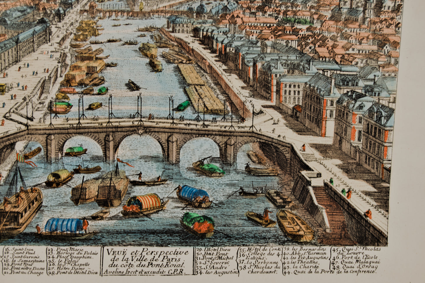 FRANÇOIS ANTOINE AVELINE | VISTA ÓPTICA DE PARÍS DESDE EL PONT ROYAL | GRABADO ORIGINAL S. XVIII | COLOREADO DE ÉPOCA