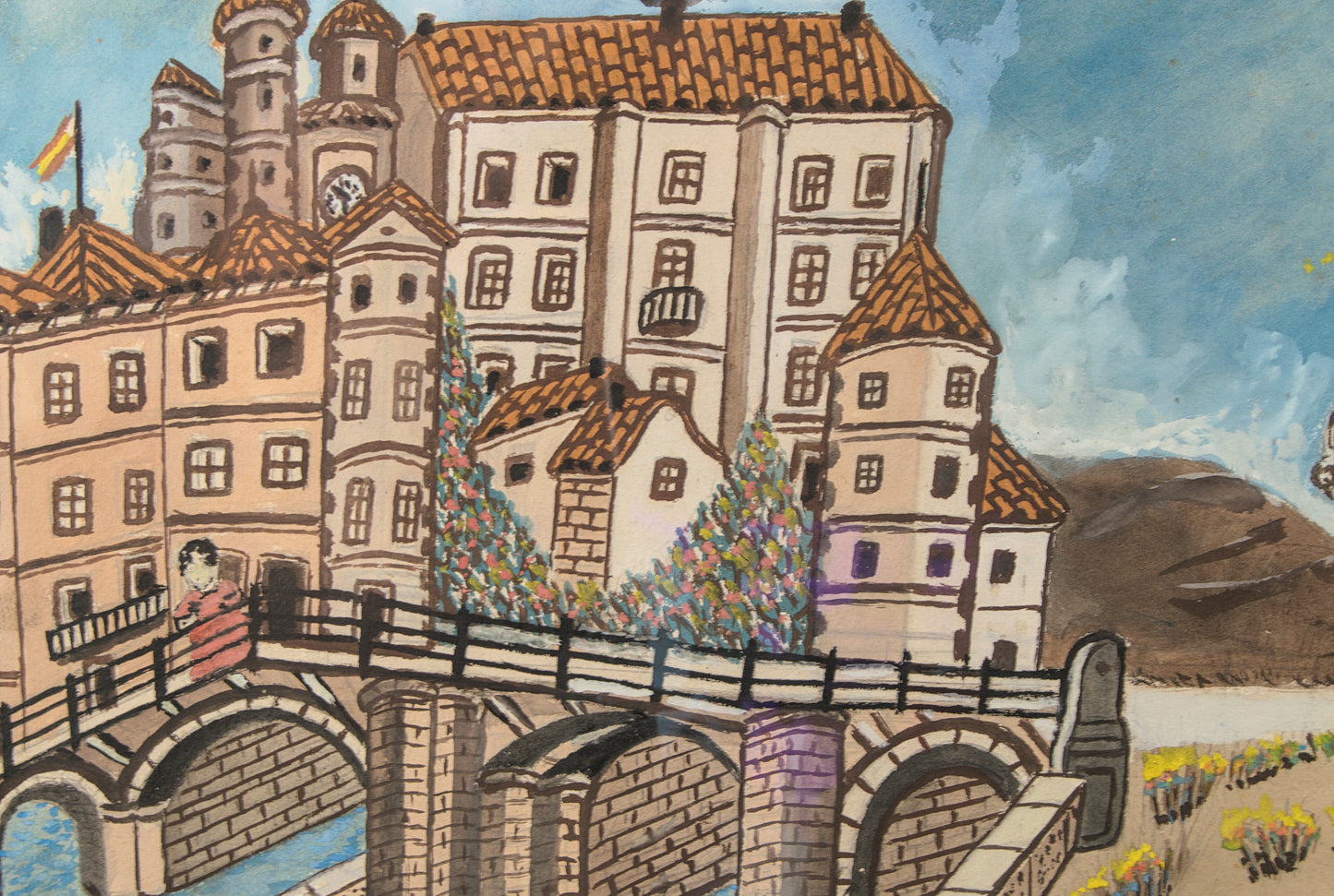 Firma a Interpretar | Paisaje Naíf con Castillo y Calvario | Gouache | 1950