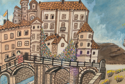 Firma a Interpretar | Paisaje Naíf con Castillo y Calvario | Gouache | 1950