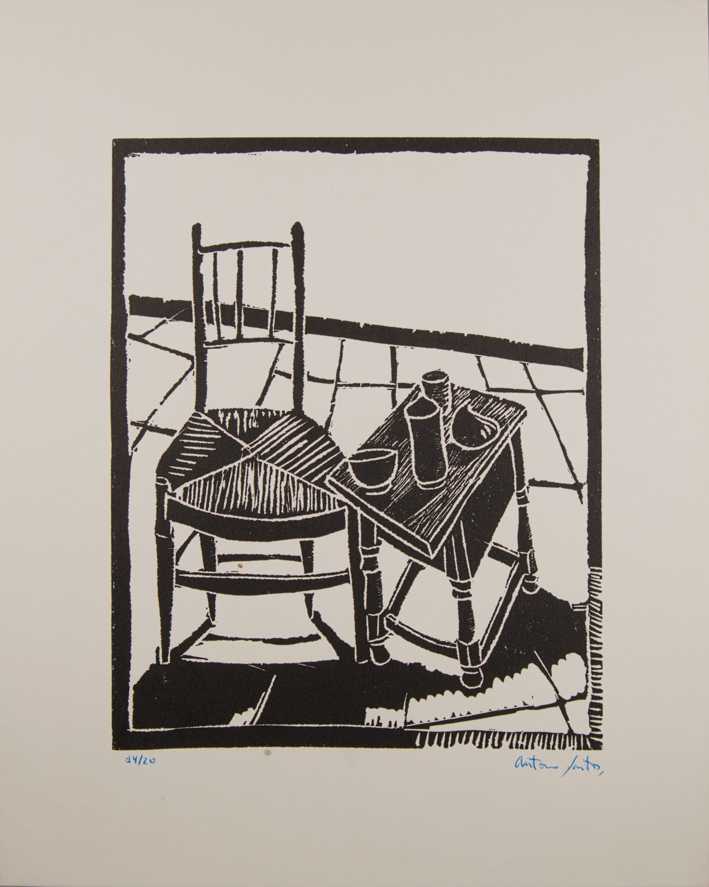 ANTONIO SANTOS | MESA Y SILLA (14/20) | LINOGRABADO ORIGINAL | GRÁFICA CONTEMPORÁNEA