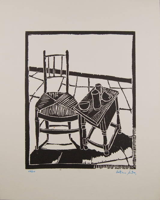 ANTONIO SANTOS | MESA Y SILLA (14/20) | LINOGRABADO ORIGINAL | GRÁFICA CONTEMPORÁNEA