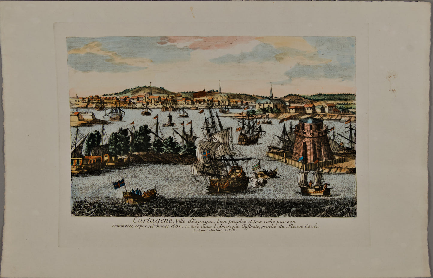 FRANÇOIS ANTOINE AVELINE | CARTAGENA (VISTA FANTÁSTICA COLONIAL) | GRABADO ORIGINAL S. XVIII | CURIOSIDAD CARTOGRÁFICA