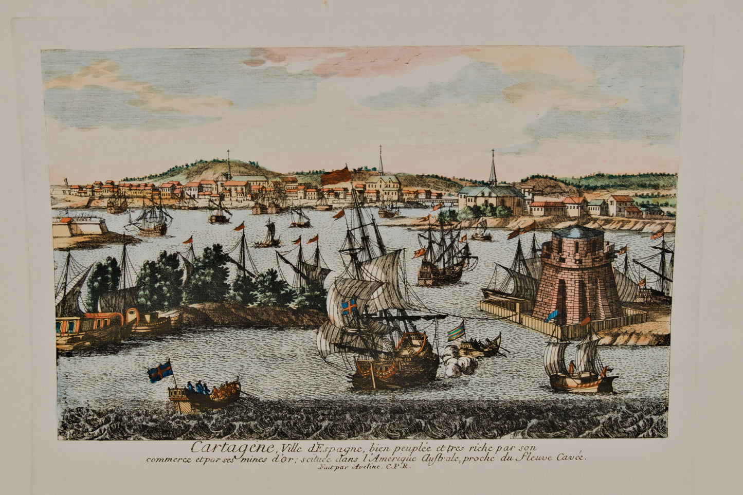 FRANÇOIS ANTOINE AVELINE | CARTAGENA (VISTA FANTÁSTICA COLONIAL) | GRABADO ORIGINAL S. XVIII | CURIOSIDAD CARTOGRÁFICA