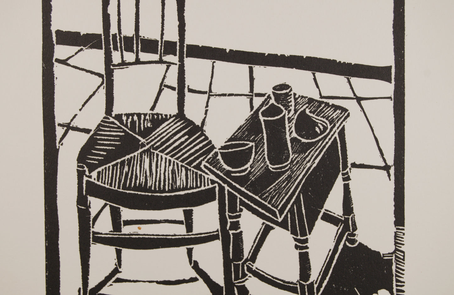 ANTONIO SANTOS | MESA Y SILLA (14/20) | LINOGRABADO ORIGINAL | GRÁFICA CONTEMPORÁNEA