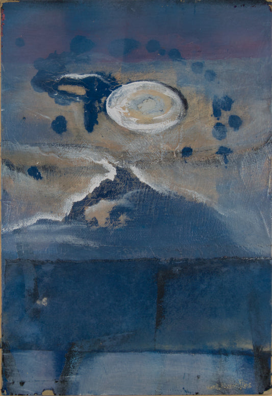 MA RAVENTÓS | TRÄUMIGE LANDSCHAFT MIT TEXTUREN UND MOND | MATERIALINFORMALISMUS | GEMISCHTE MEDIEN AUF PANEL