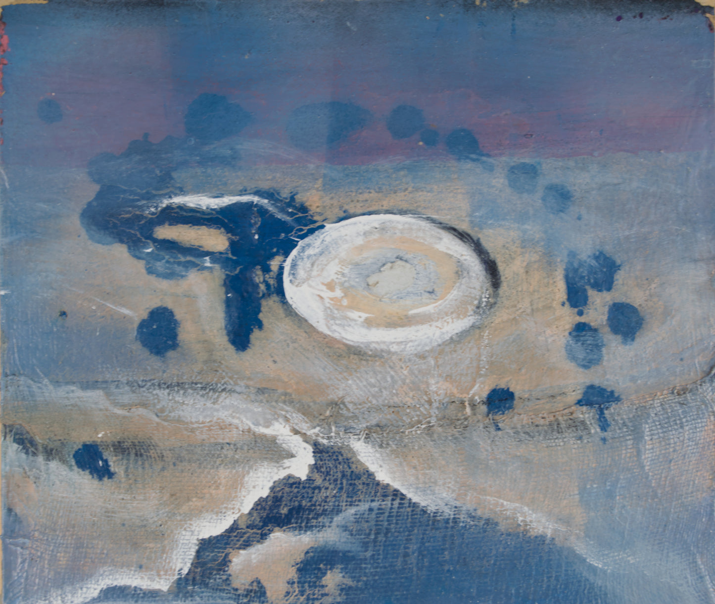 MA RAVENTÓS | TRÄUMIGE LANDSCHAFT MIT TEXTUREN UND MOND | MATERIALINFORMALISMUS | GEMISCHTE MEDIEN AUF PANEL