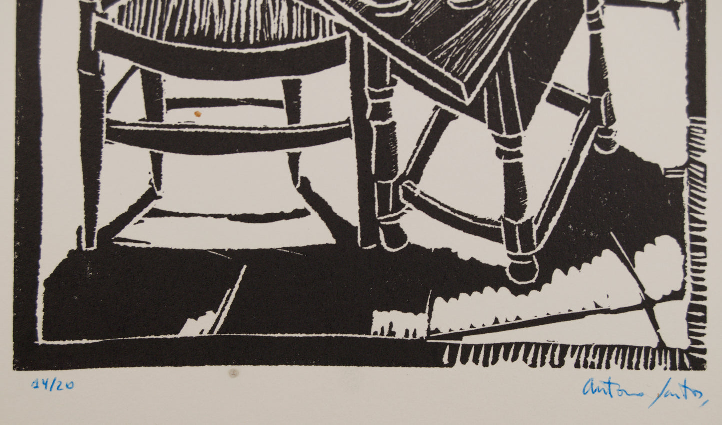 ANTONIO SANTOS | MESA Y SILLA (14/20) | LINOGRABADO ORIGINAL | GRÁFICA CONTEMPORÁNEA
