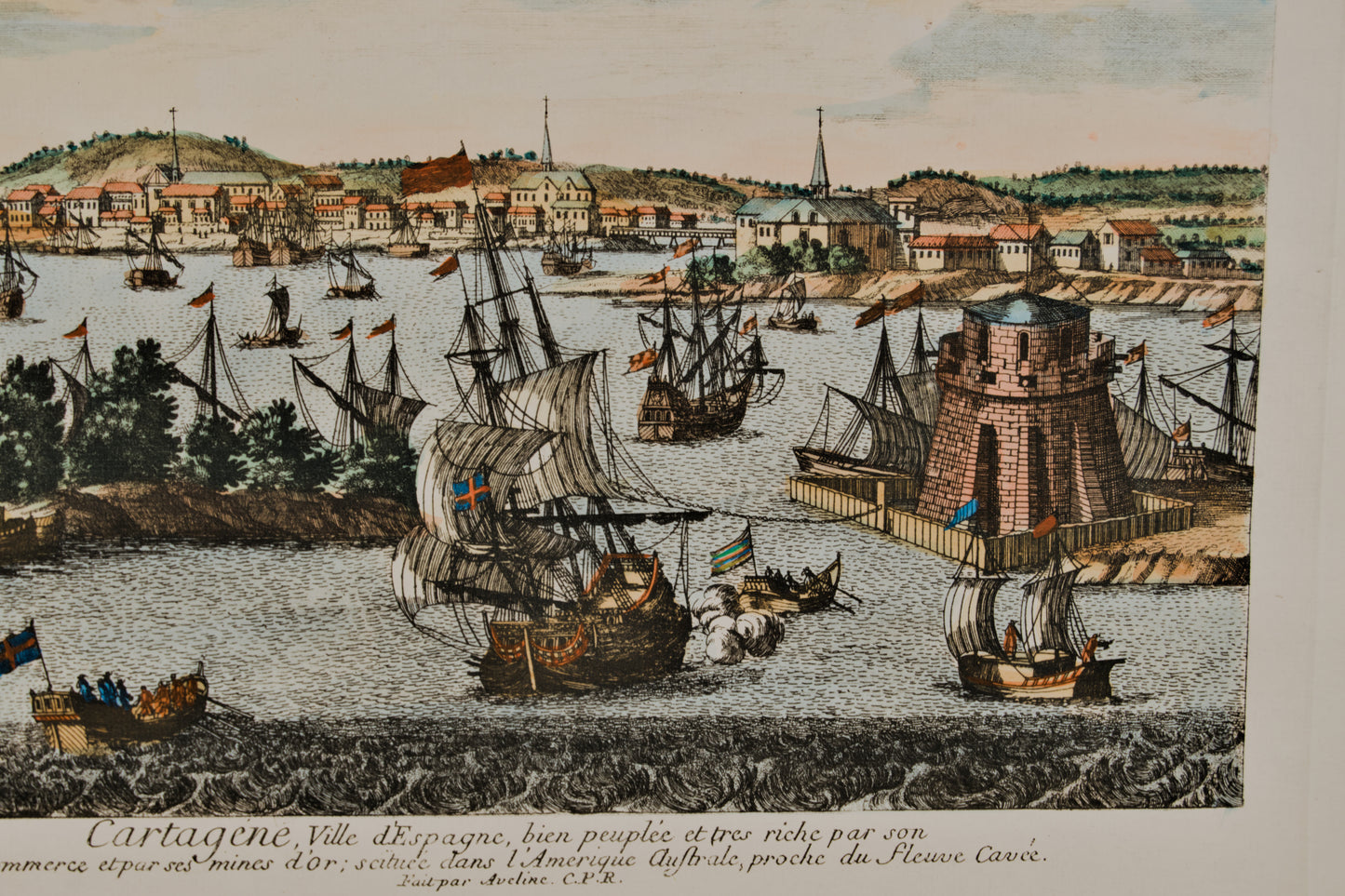FRANÇOIS ANTOINE AVELINE | CARTAGENA (VISTA FANTÁSTICA COLONIAL) | GRABADO ORIGINAL S. XVIII | CURIOSIDAD CARTOGRÁFICA