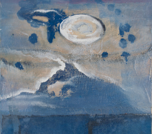 MA RAVENTÓS | TRÄUMIGE LANDSCHAFT MIT TEXTUREN UND MOND | MATERIALINFORMALISMUS | GEMISCHTE MEDIEN AUF PANEL