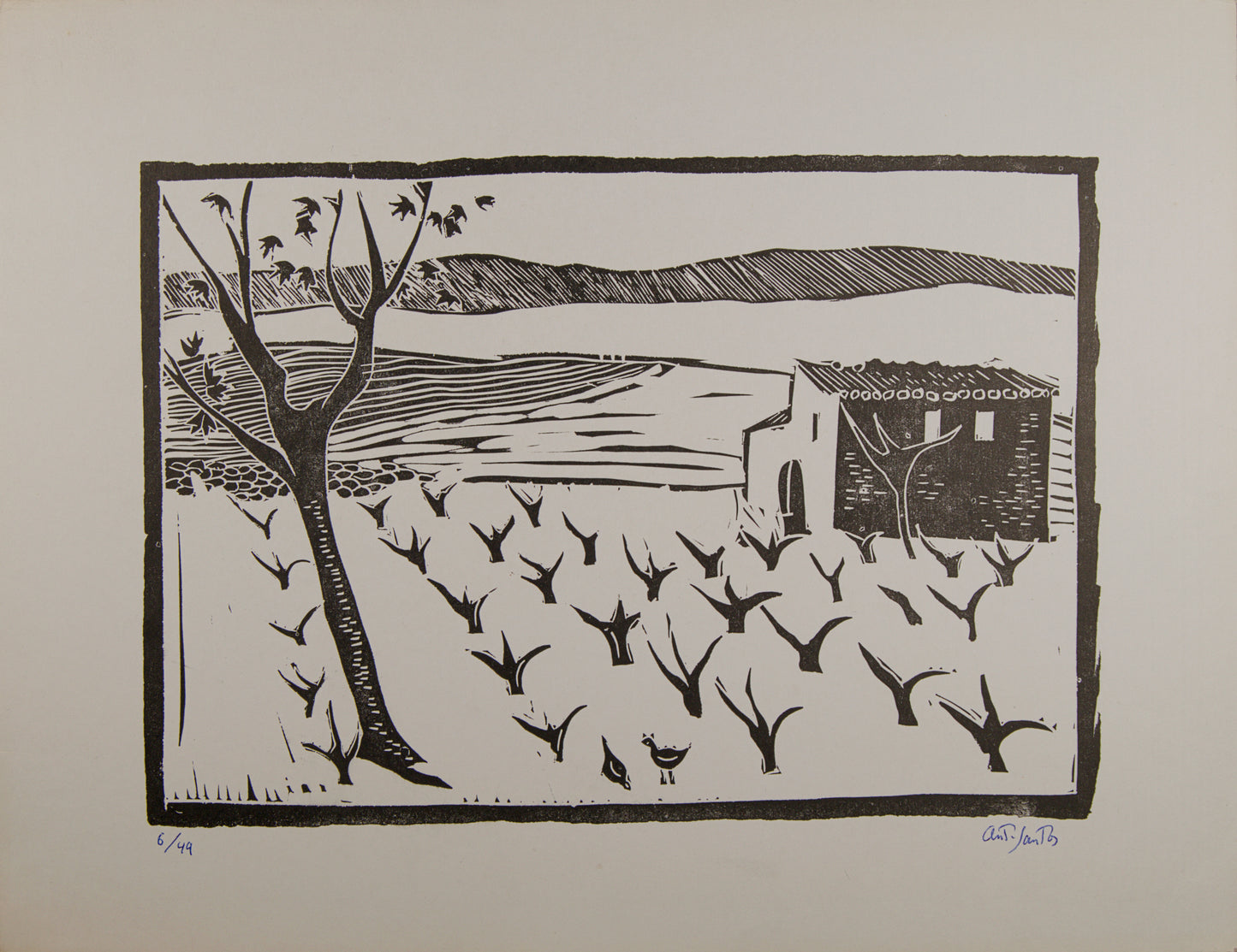 ANTONIO SANTOS | PAISAJE CON VIÑEDO Y MASÍA (6/49) | LINOGRABADO ORIGINAL | GRÁFICA CONTEMPORÁNEA
