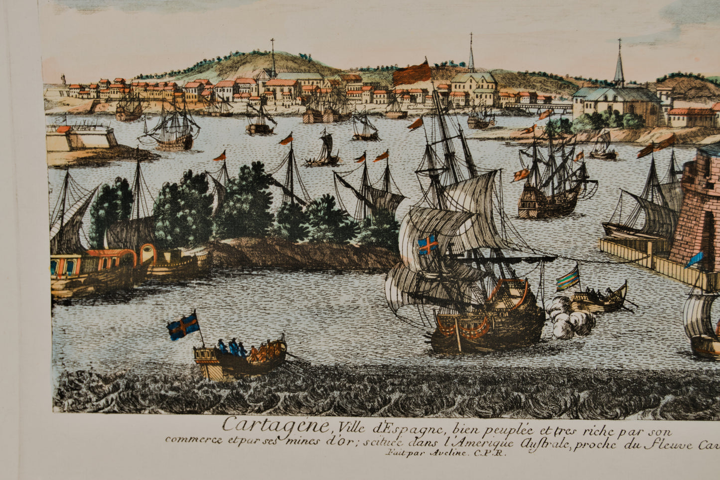 FRANÇOIS ANTOINE AVELINE | CARTAGENA (VISTA FANTÁSTICA COLONIAL) | GRABADO ORIGINAL S. XVIII | CURIOSIDAD CARTOGRÁFICA