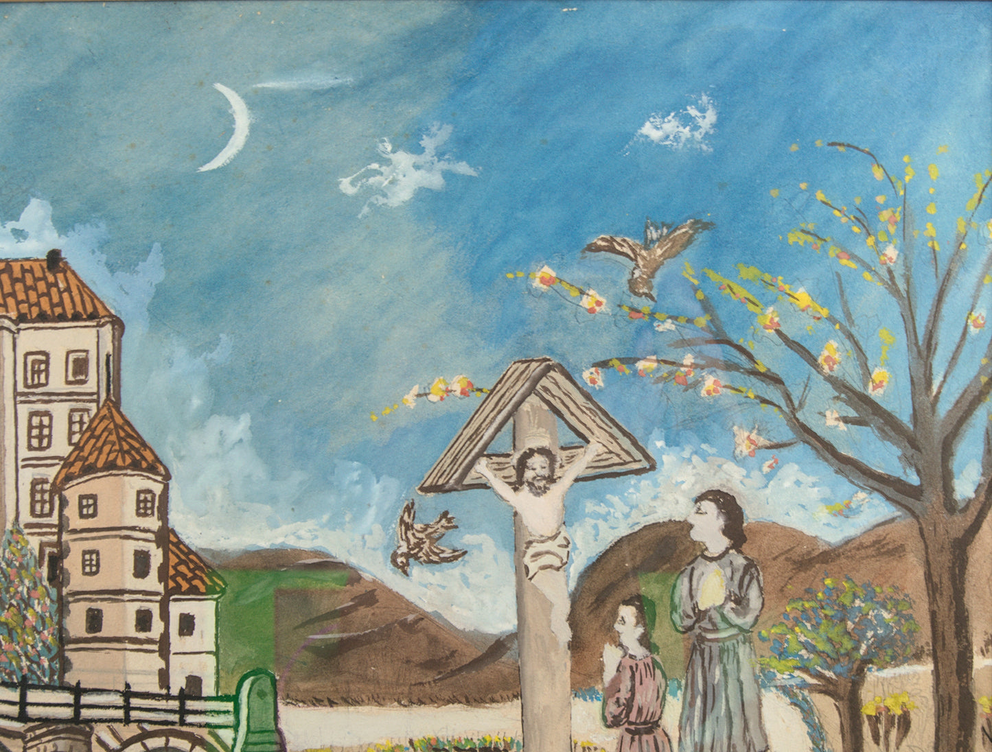 Firma a Interpretar | Paisaje Naíf con Castillo y Calvario | Gouache | 1950