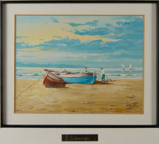 LUIS ÁNGEL SINOVAS | MEERESSZENE MIT ZWEI BOOTEN AM UFER | LEICHTER REALISMUS | ÖL AUF TAFEL