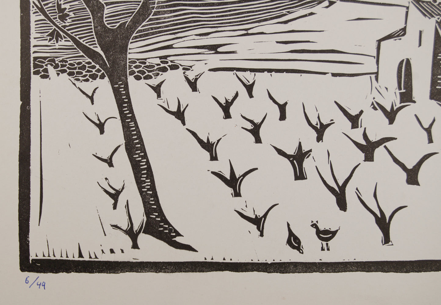 ANTONIO SANTOS | PAISAJE CON VIÑEDO Y MASÍA (6/49) | LINOGRABADO ORIGINAL | GRÁFICA CONTEMPORÁNEA