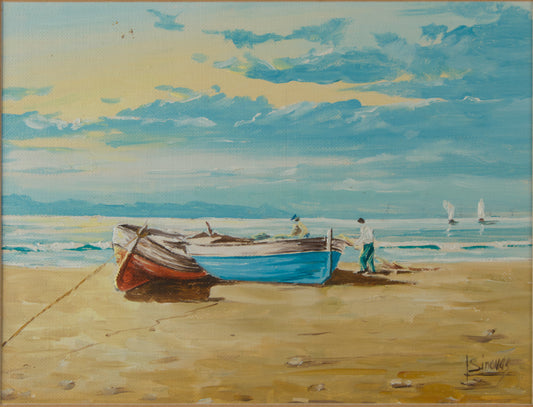 LUIS ÁNGEL SINOVAS | MEERESSZENE MIT ZWEI BOOTEN AM UFER | LEICHTER REALISMUS | ÖL AUF TAFEL