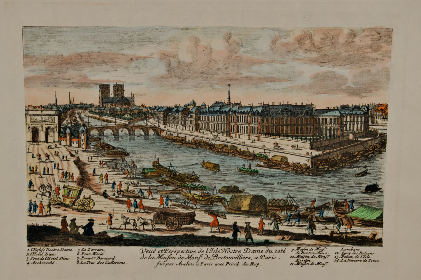 FRANÇOIS ANTOINE AVELINE | NOTRE DAME Y LA ISLA DE SAINT-LOUIS | GRABADO S. XVIII | DOCUMENTO HISTÓRICO DE PARÍS