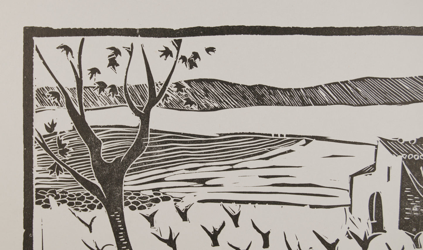 ANTONIO SANTOS | PAISAJE CON VIÑEDO Y MASÍA (6/49) | LINOGRABADO ORIGINAL | GRÁFICA CONTEMPORÁNEA