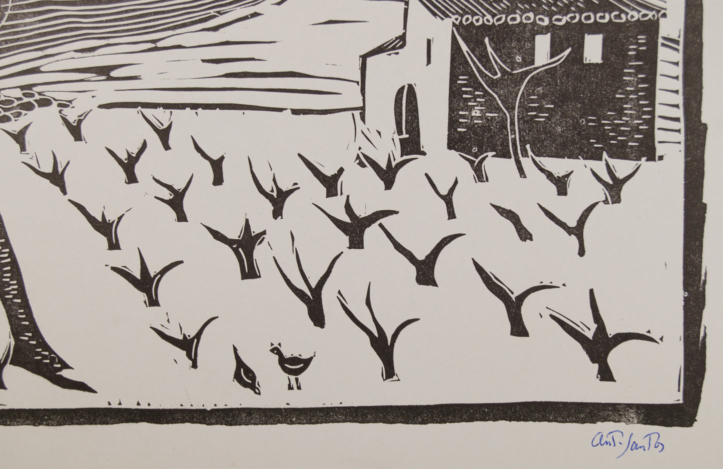 ANTONIO SANTOS | PAISAJE CON VIÑEDO Y MASÍA (6/49) | LINOGRABADO ORIGINAL | GRÁFICA CONTEMPORÁNEA