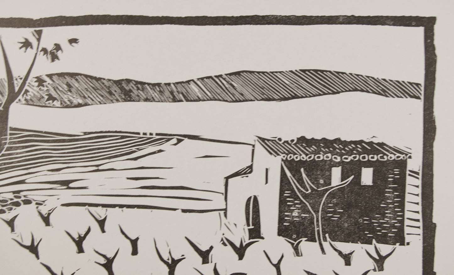 ANTONIO SANTOS | PAISAJE CON VIÑEDO Y MASÍA (6/49) | LINOGRABADO ORIGINAL | GRÁFICA CONTEMPORÁNEA