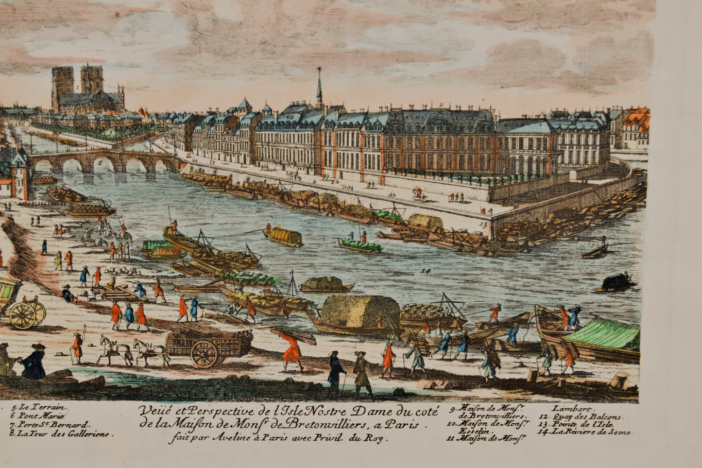 FRANÇOIS ANTOINE AVELINE | NOTRE DAME Y LA ISLA DE SAINT-LOUIS | GRABADO S. XVIII | DOCUMENTO HISTÓRICO DE PARÍS
