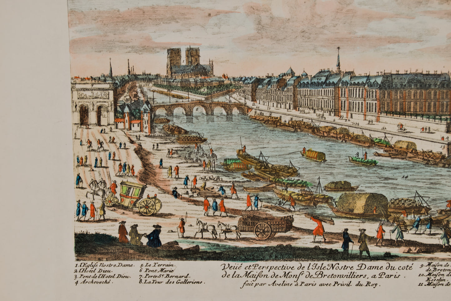 FRANÇOIS ANTOINE AVELINE | NOTRE DAME Y LA ISLA DE SAINT-LOUIS | GRABADO S. XVIII | DOCUMENTO HISTÓRICO DE PARÍS