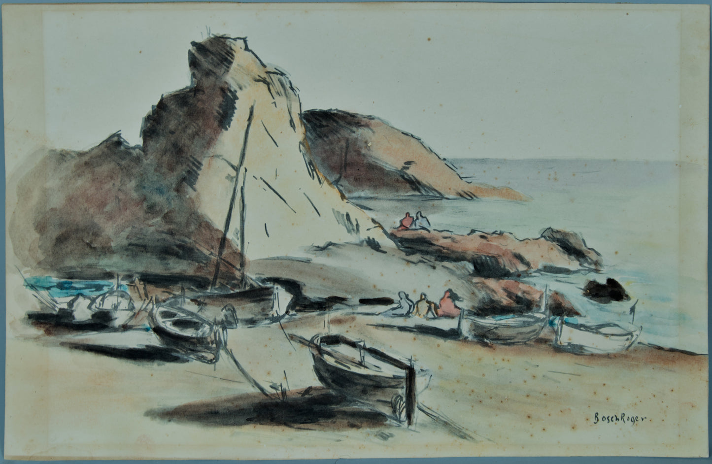 EMILI BOSCH I ROGER | BUCHT AN DER COSTA BRAVA MIT BOOTEN | KATALANISCHE LANDSCHAFT | AQUARELL AUF PAPIER